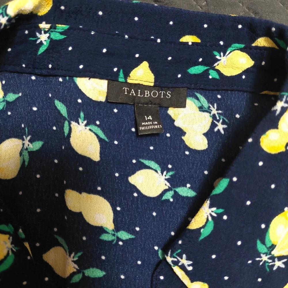 Talbots Shirt Dress 14 Navy Yellow Lemons Button Front Belted Midi Cottage Core - Picture 6 of 12